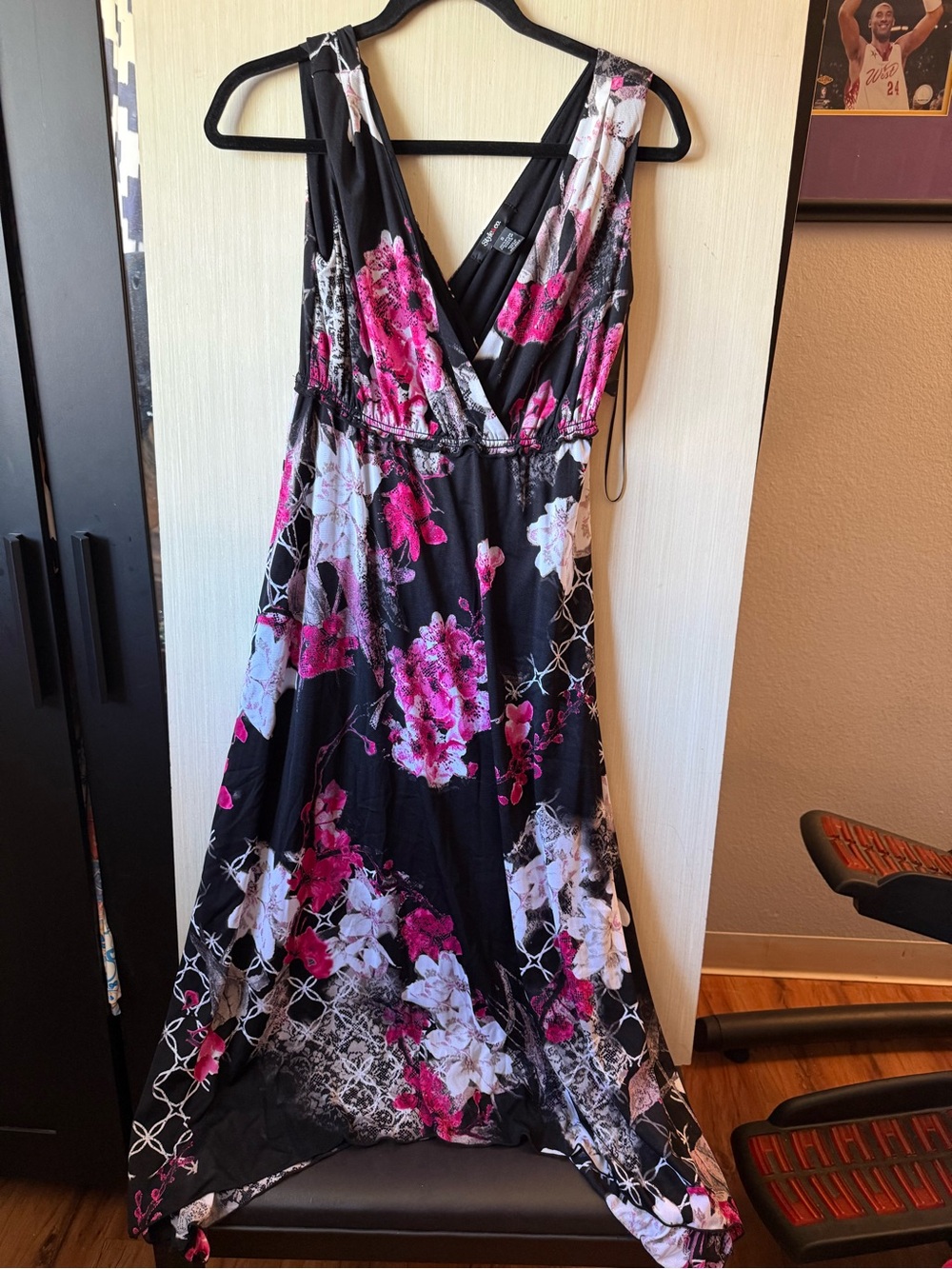 Style & Co. Black Floral Asymmetrical V-Neck Maxi Dress with Pink Accents